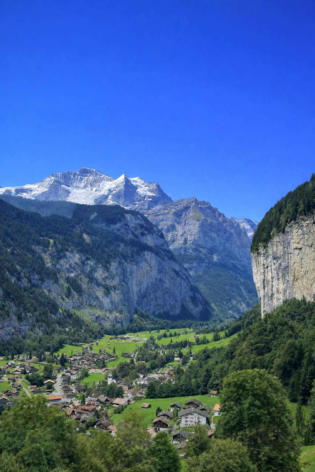 Blick ins Lauterbrunnental mit Jungfrau im Hintergrund